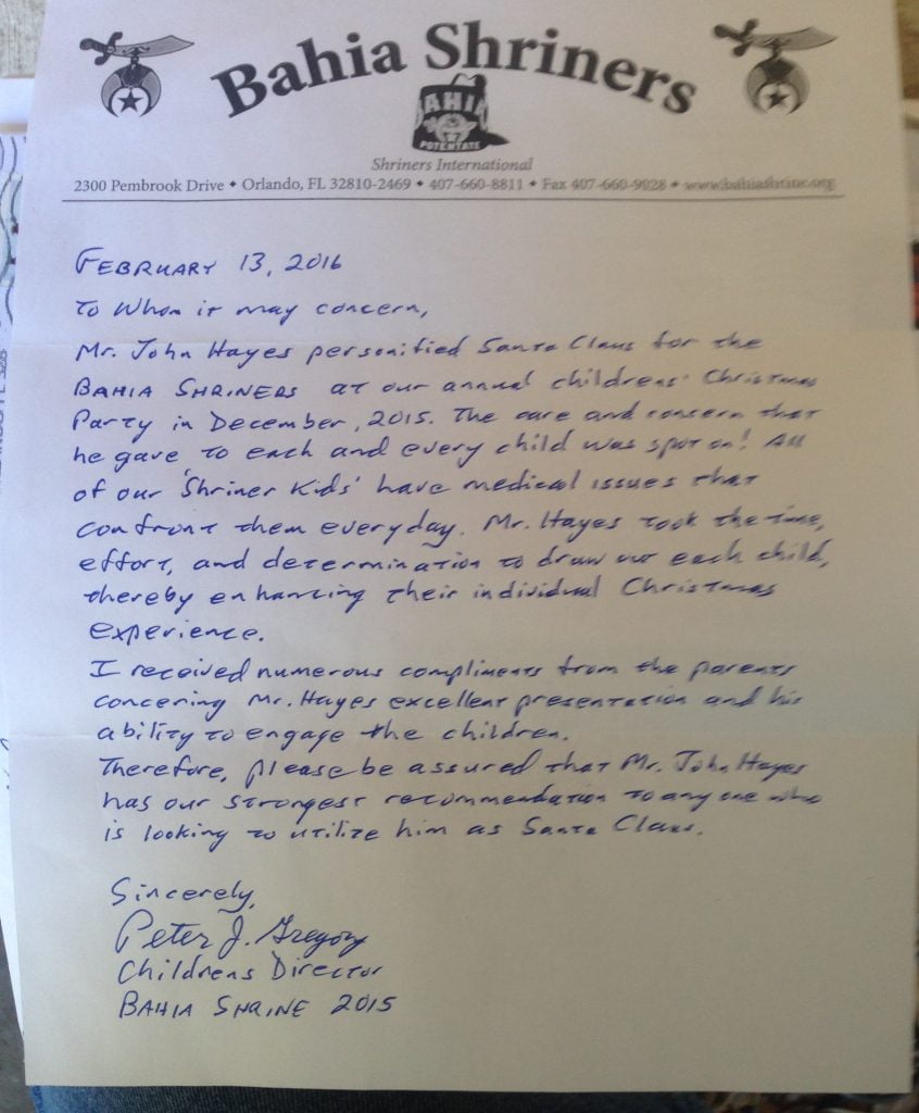 A few of the special awards or letters of reference that Santa has received